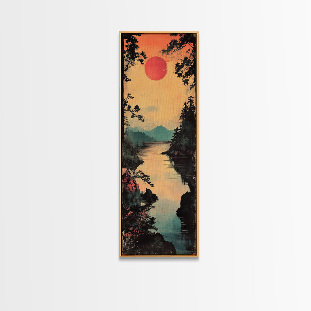 Red Sun River Wall Art, Japanese Pine Landscape Canvas Print, Serene Mountain Lake Decor For Living Room Above Sofa Wall Decor