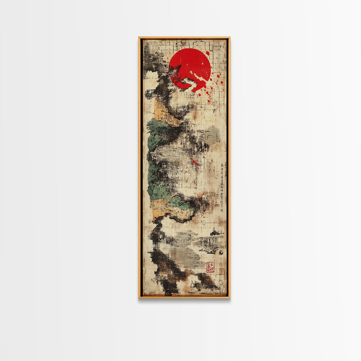Abstract Sumi Ink Red Sun Wall Art, Japanese Minimalist Canvas Print, Wabi Sabi Decor, Modern Zen Office Wall Decor For Entryway