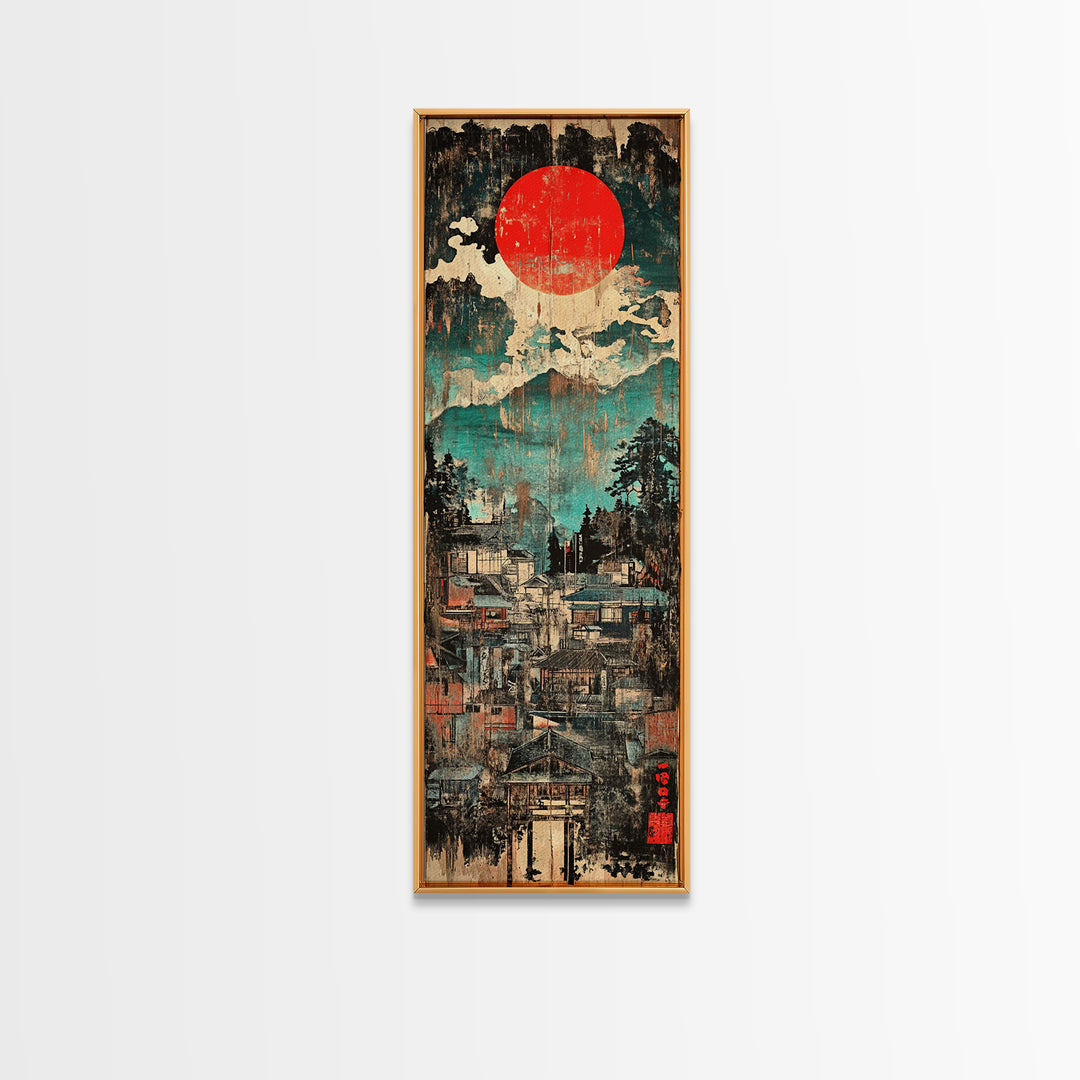 Red Sun Mountain Town Wall Art, Japanese Landscape Canvas Print, Rustic Wabi Sabi Decor, Teal Blue Living Room Wall Art Print