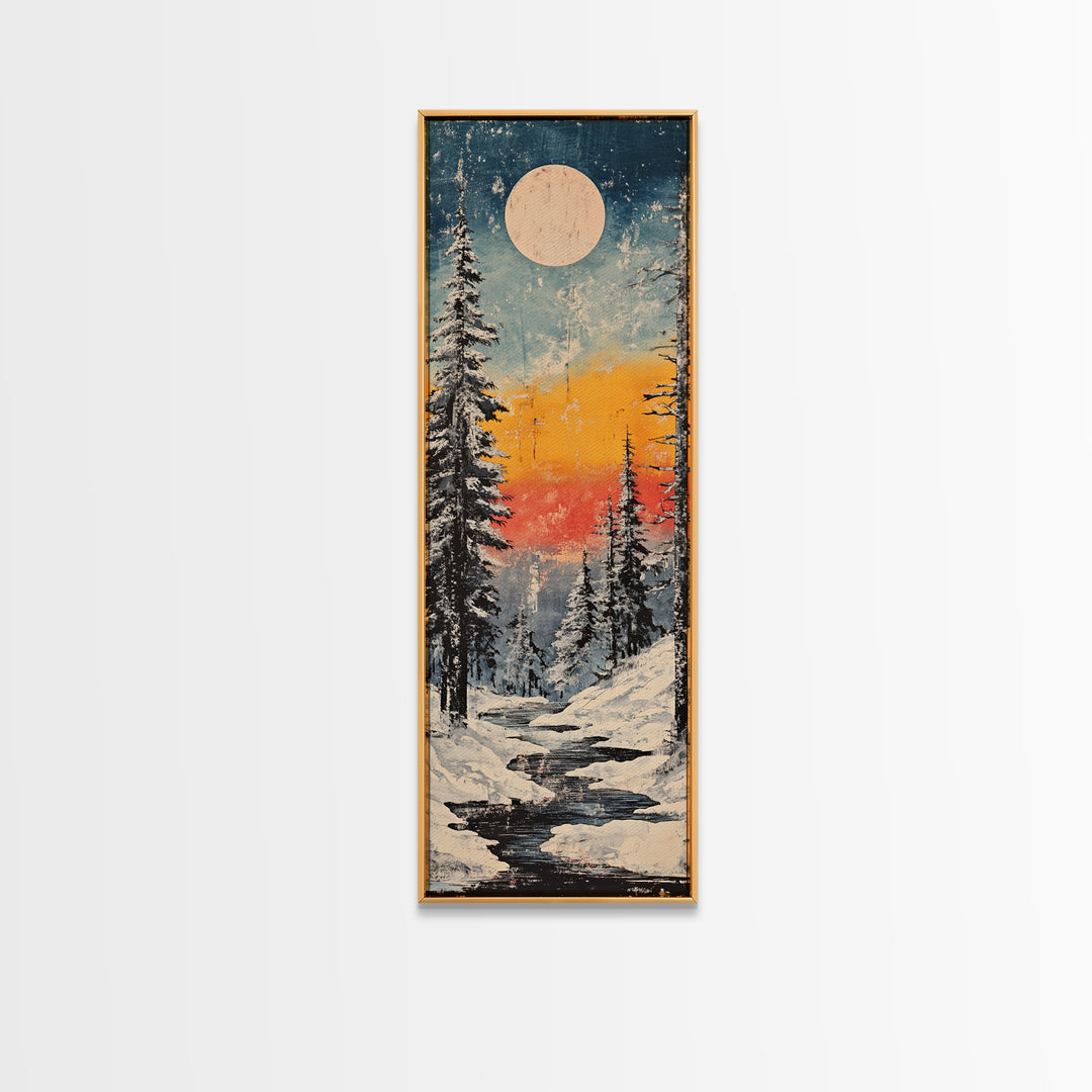 Snowy Pine Forest Moonrise Wall Art, Winter Landscape Canvas Print, Cozy Cabin Decor, Japandi Nature Art For Living Room