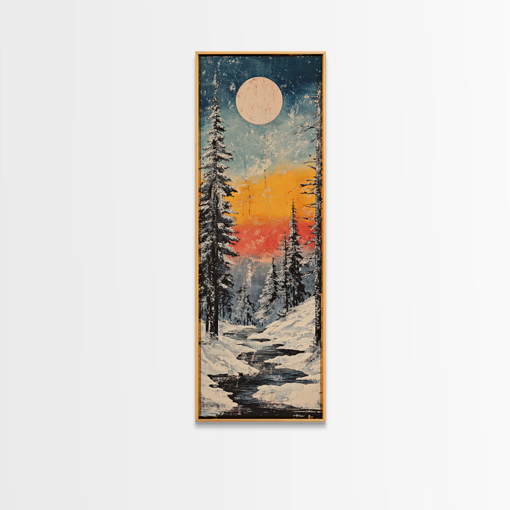 Snowy Pine Forest Moonrise Wall Art, Winter Landscape Canvas Print, Cozy Cabin Decor, Japandi Nature Art For Living Room