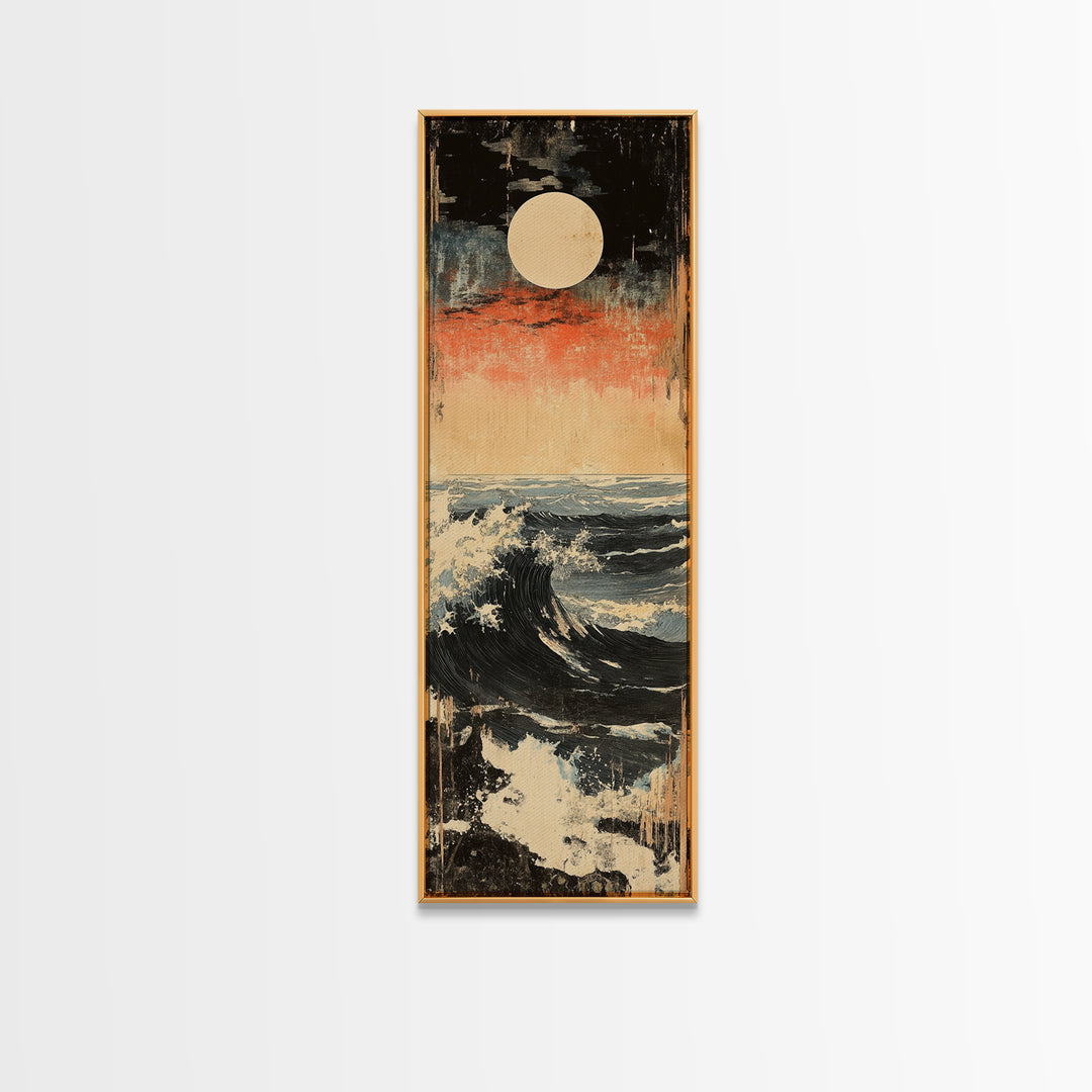 Full Moon Ocean Wave Wall Art, Japanese Seascape Canvas Print, Moody Coastal Decor, Blue Nautical Art For Living Room Decor