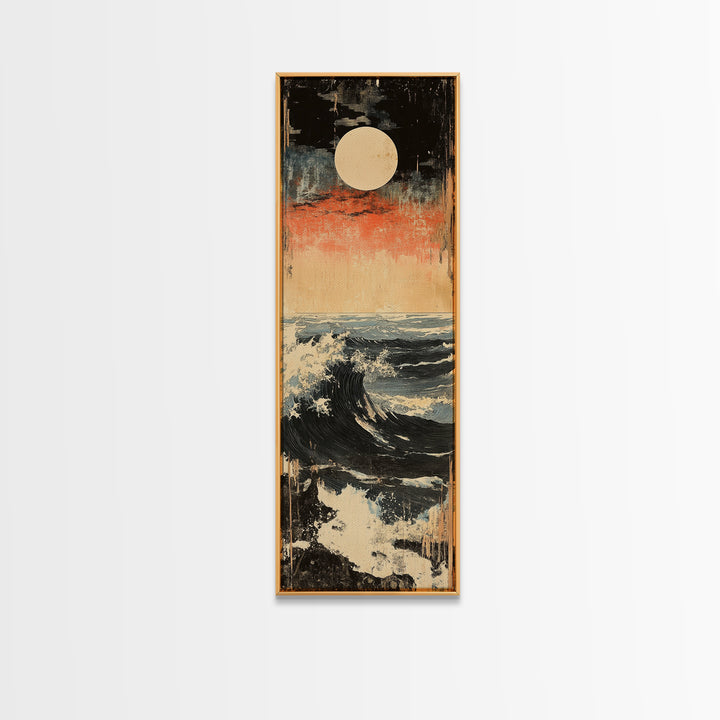 Full Moon Ocean Wave Wall Art, Japanese Seascape Canvas Print, Moody Coastal Decor, Blue Nautical Art For Living Room Decor
