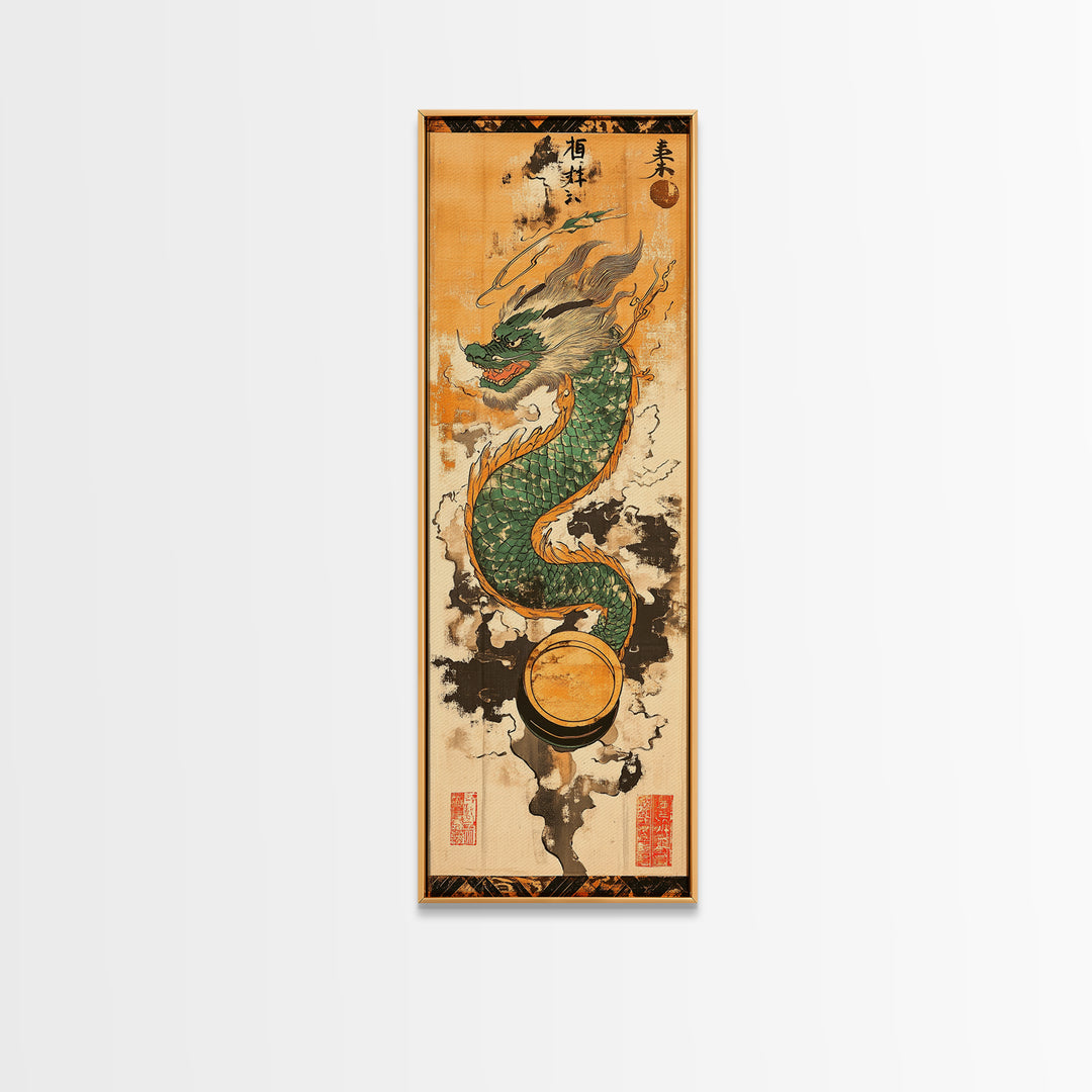 Emerald Japanese Dragon With Pearl Wall Art, Asian Fantasy Canvas Print, Mythical Creature Decor, Japanese Artwork Gift Idea