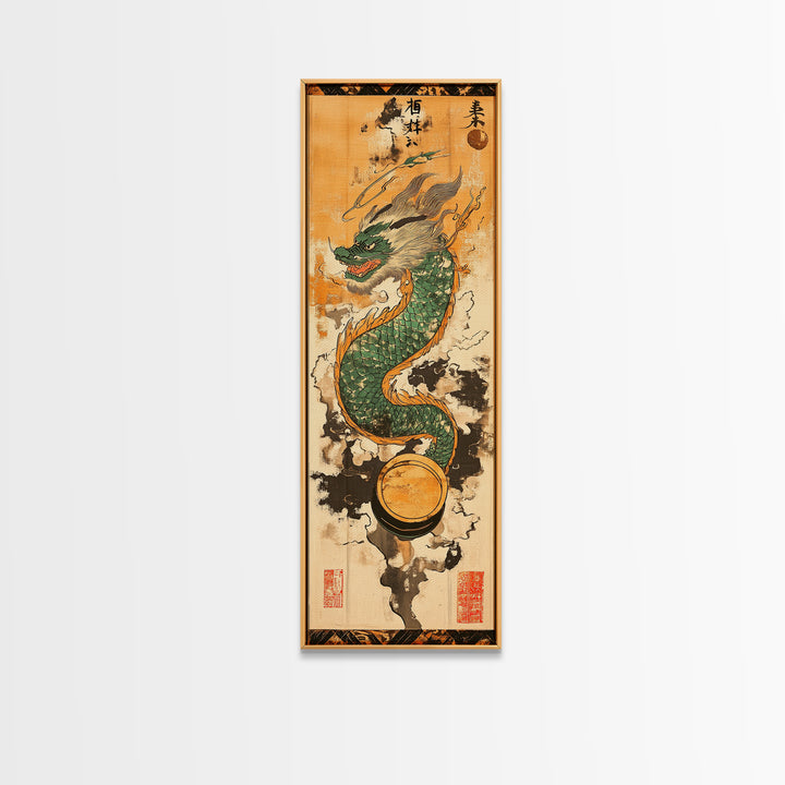 Emerald Japanese Dragon With Pearl Wall Art, Asian Fantasy Canvas Print, Mythical Creature Decor, Japanese Artwork Gift Idea