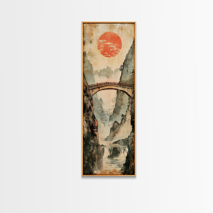Misty Gorge Bridge And Red Sun Canvas Print, Japanese Landscape Wall Art, Zen Home Decor, Waterfall Art, Japandi Wall Decor