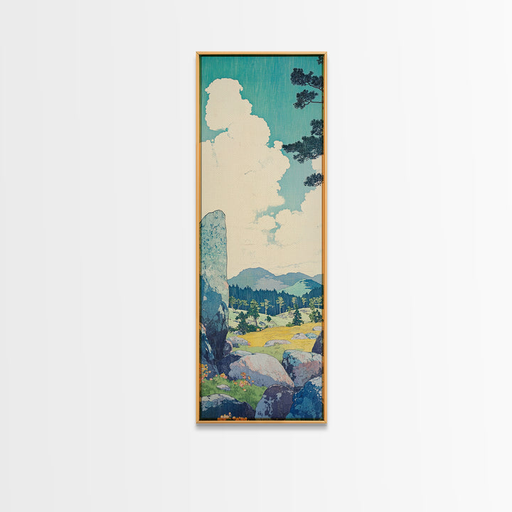 Blue Sky Cloud Meadow And Stone Wall Art, Japanese Landscape Canvas Print, Minimalist Nature Art, Serene Decor, Japandi Print