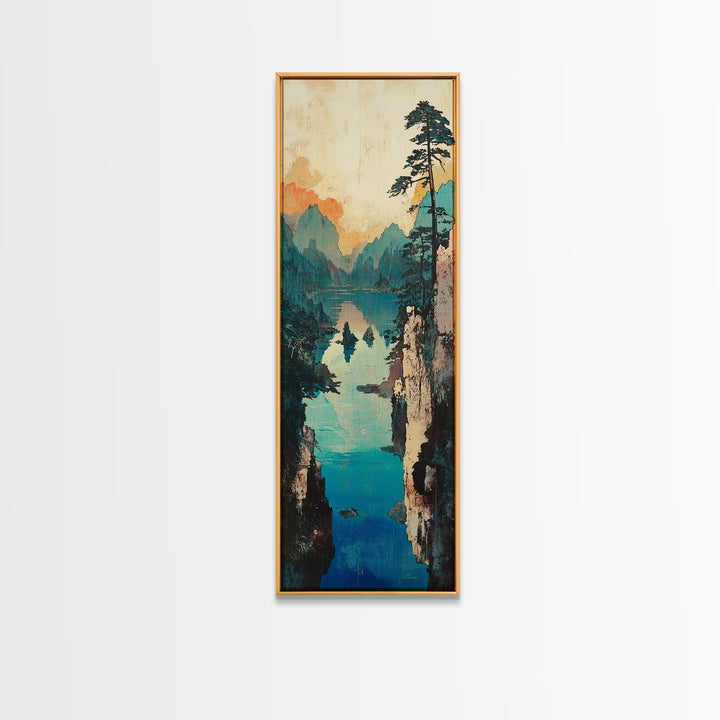 Turquoise Mountain Gorge Wall Art, Serene Lake Landscape Canvas Print, Japandi Nature Decor, Large Living Room Wall Art Print