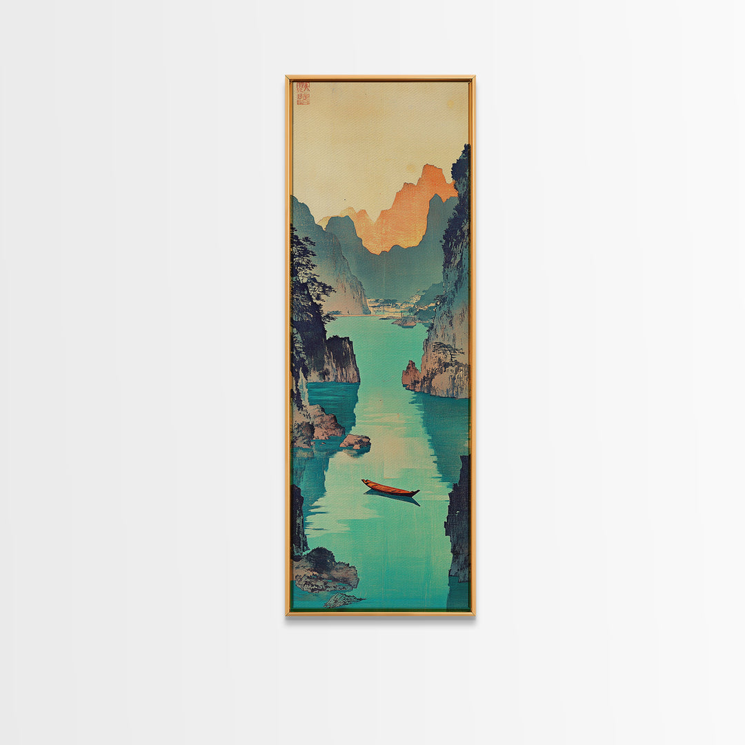 Red Boat Canyon Wall Art, Turquoise River Landscape Framed Canvas Print, Japanese Coastal Decor, Serene Nature Art For Living Room