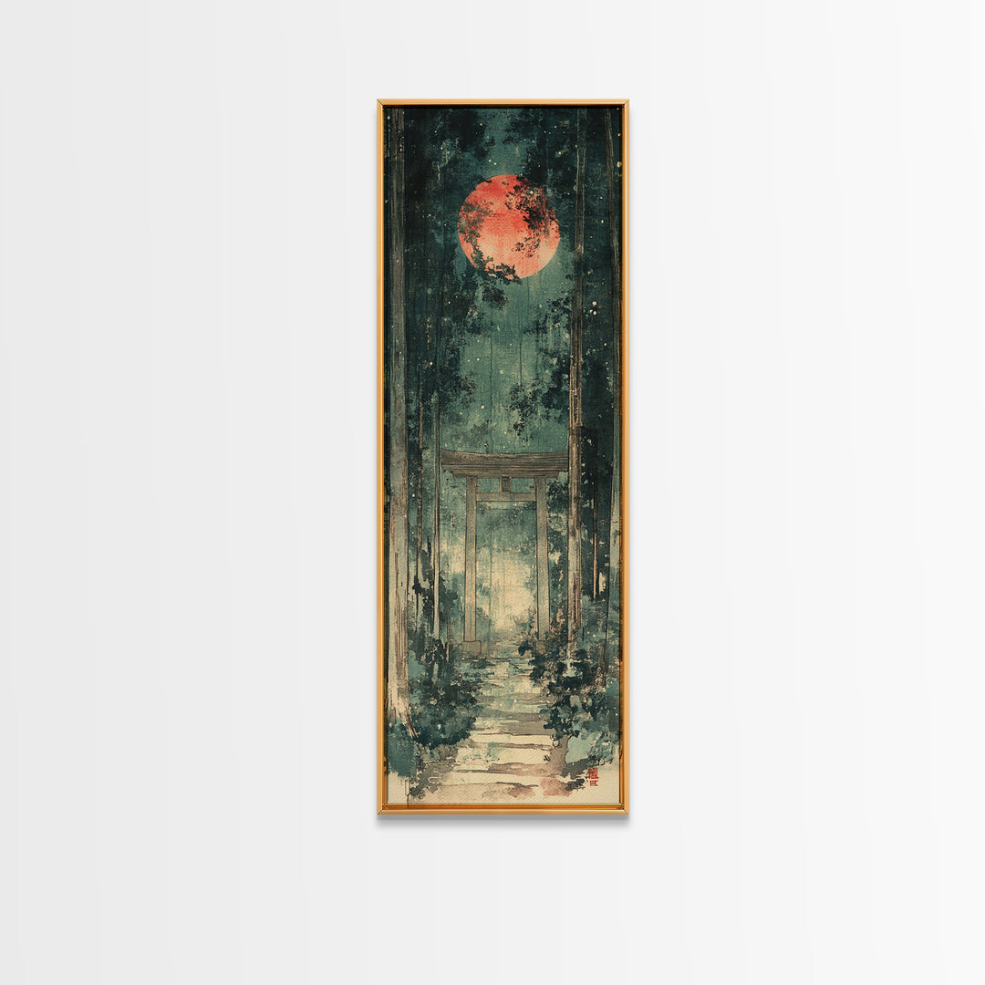 Red Moon Forest Shrine Wall Art, Mystical Torii Gate Canvas Print, Japanese Zen Decor, Dark Green Celestial Wall Art, Meditation Decor