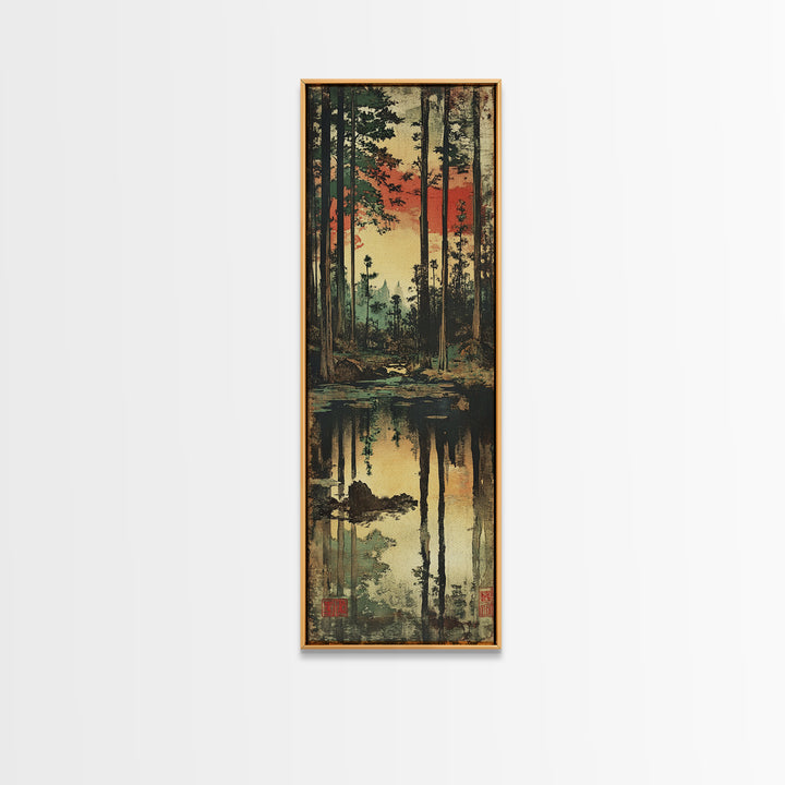 Sunset Pine Forest Wall Art, Reflective Woodland Stream Canvas Print, Rustic Cabin Decor, Moody Nature Landscape Art, Gift For Her