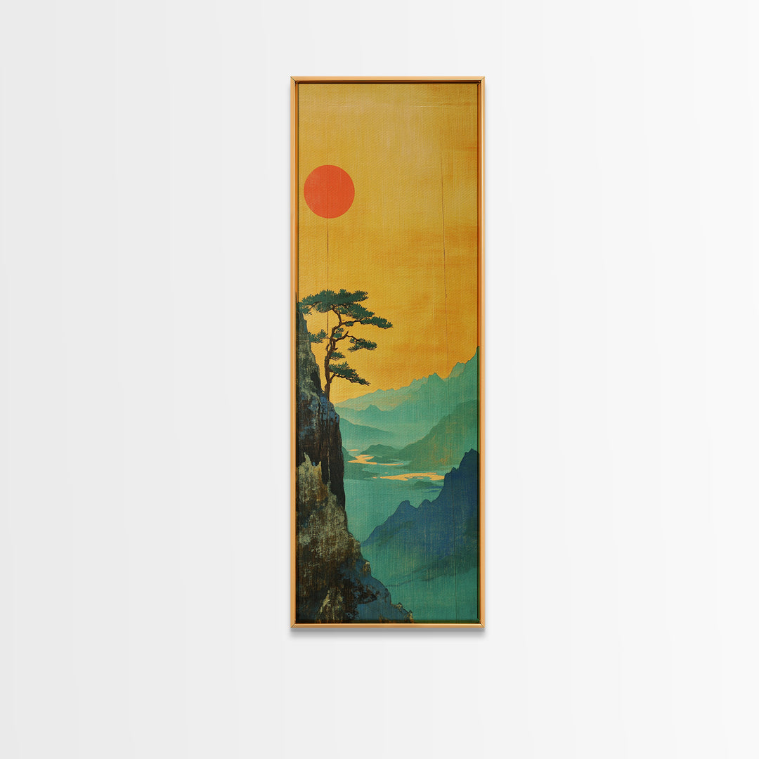 Orange Sun Cliff Pine Mountain Wall Art, Japanese Landscape Canvas Print, Japandi Home Decor, Long Narrow Wall Decor Gift