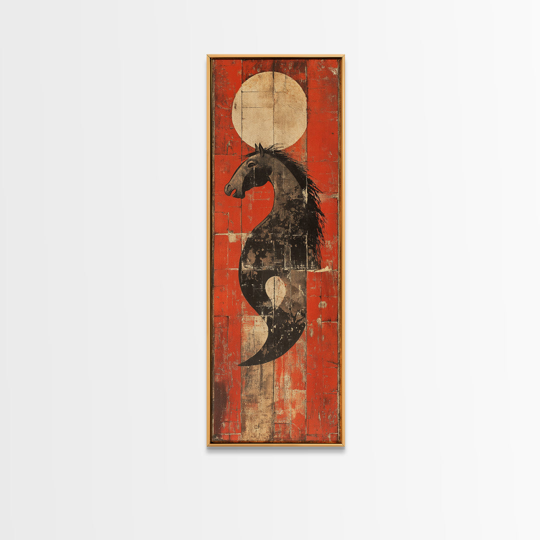 Black Horse Yin Yang Red Canvas Print, Japanese Equestrian Wall Art, Western Modern Decor, Long Narrow Wall Decor Gift For Him