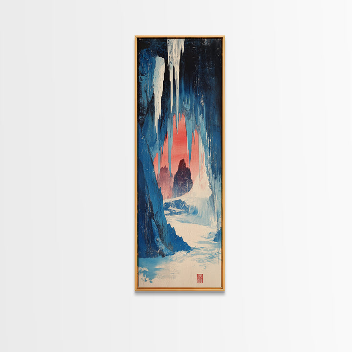 Blue Ice Cave Figure Canvas Print, Japanese Fantasy Wall Art, Moody Winter Landscape Decor, Long Narrow Wall Decor Gift For Her