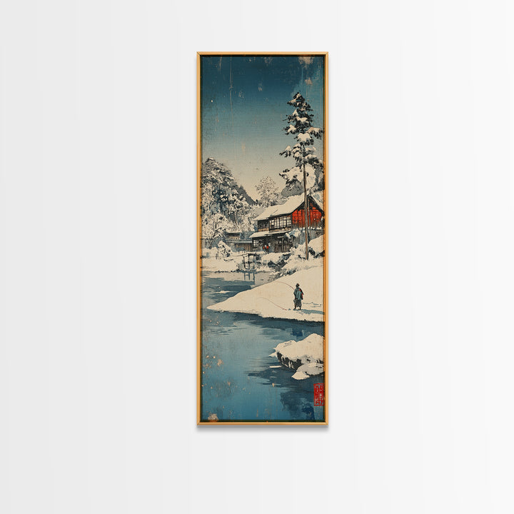 Snowy Japanese Cabin River Wall Art, Winter Landscape Canvas Print, Japandi Home Decor, Long Narrow Wall Decor Gift For Him