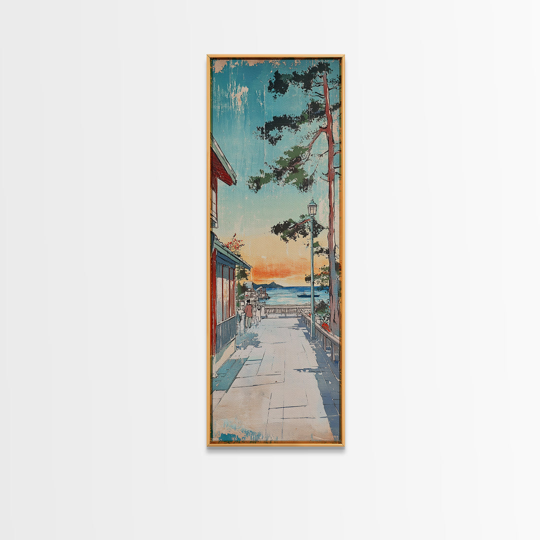 Japanese Seaside Village Sunset Wall Art, Coastal Landscape Canvas Print, Japandi Home Decor, Long Narrow Wall Decor Gift