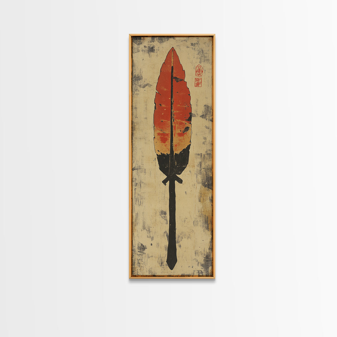 Red Feather Arrow Wall Art, Rustic Tribal Canvas Print, Southwestern Boho Decor, Indigenous Inspired Living Room Decor Gift