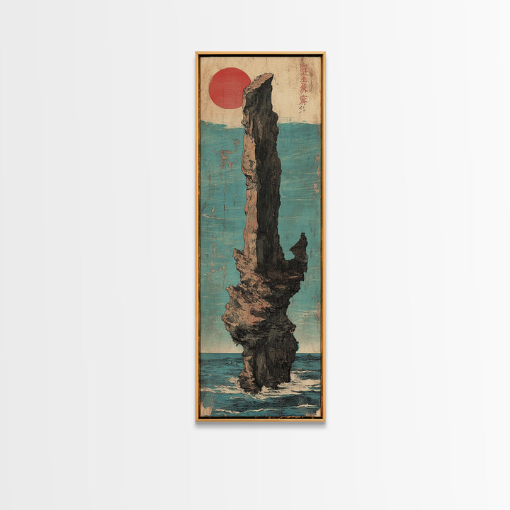 Red Sun Sea Stack Wall Art, Japanese Coastal Canvas Print, Dramatic Ocean Rock Landscape Print, Japandi Living Room Decor