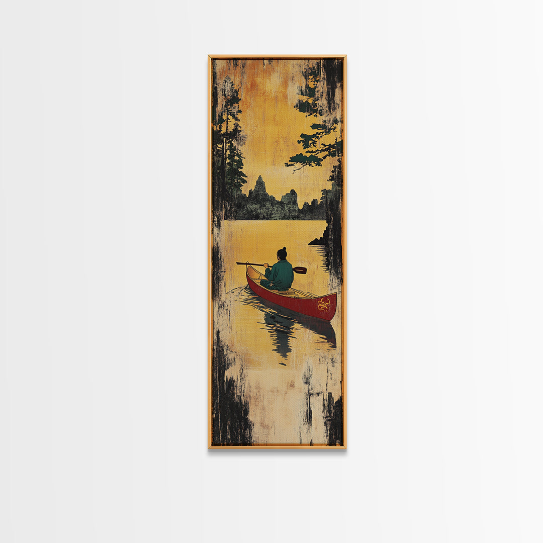 Golden Sunset Canoe Lake Wall Art, Rustic Cabin Canvas Print, Forest Landscape Decor, Peaceful Nature Art For Living Room
