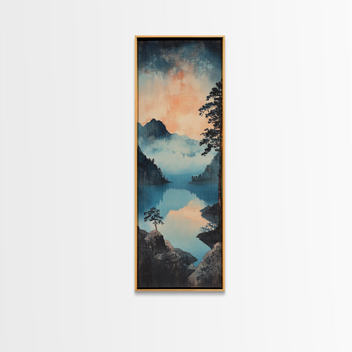 Misty Blue Mountain Lake Wall Art, Japanese Landscape Print, Serene Nature Decor, Long Narrow Canvas For Living Room Wall Decor