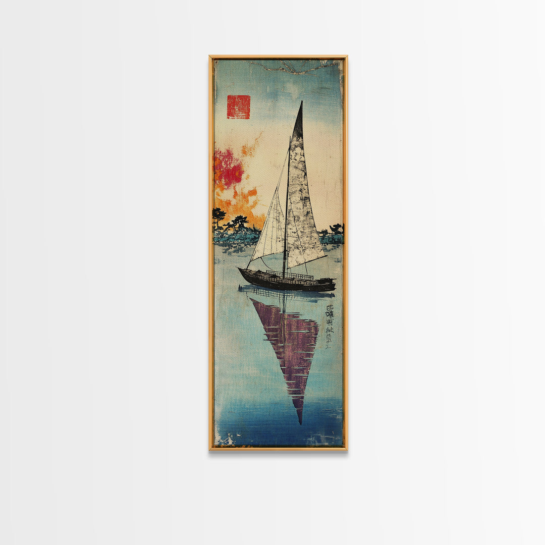 White Sailboat Reflected On Calm Blue Water Wall Art, Japanese Coastal Print, Nautical Decor, Long Narrow Living Room Art