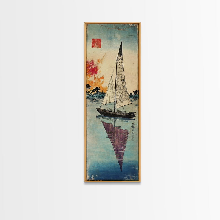 White Sailboat Reflected On Calm Blue Water Wall Art, Japanese Coastal Print, Nautical Decor, Long Narrow Living Room Art
