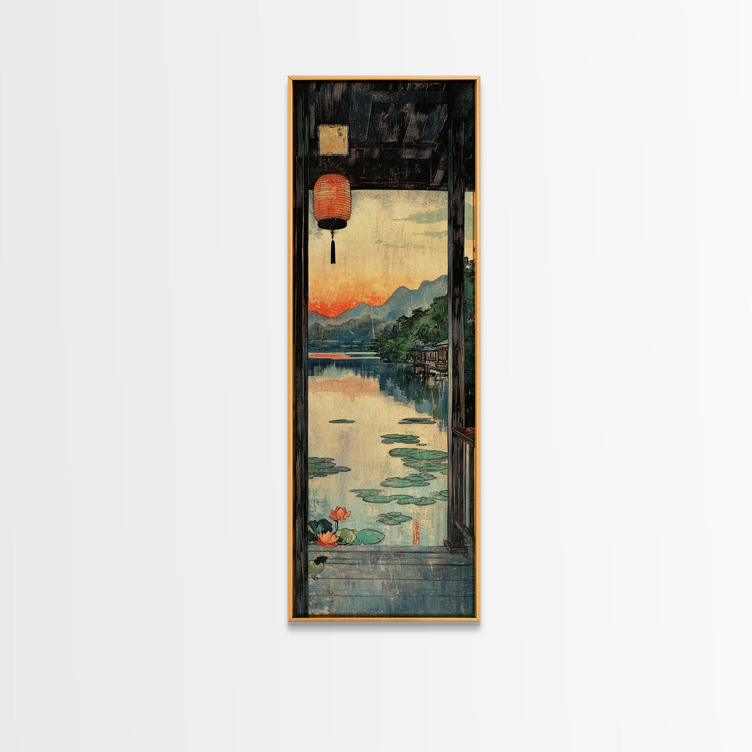 Lantern Window Over Lotus Lake Framed Canvas Print, Japanese Landscape Wall Art, Zen Home Decor, Long Narrow Asian Print