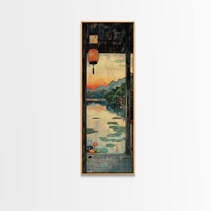 Lantern Window Over Lotus Lake Framed Canvas Print, Japanese Landscape Wall Art, Zen Home Decor, Long Narrow Asian Print