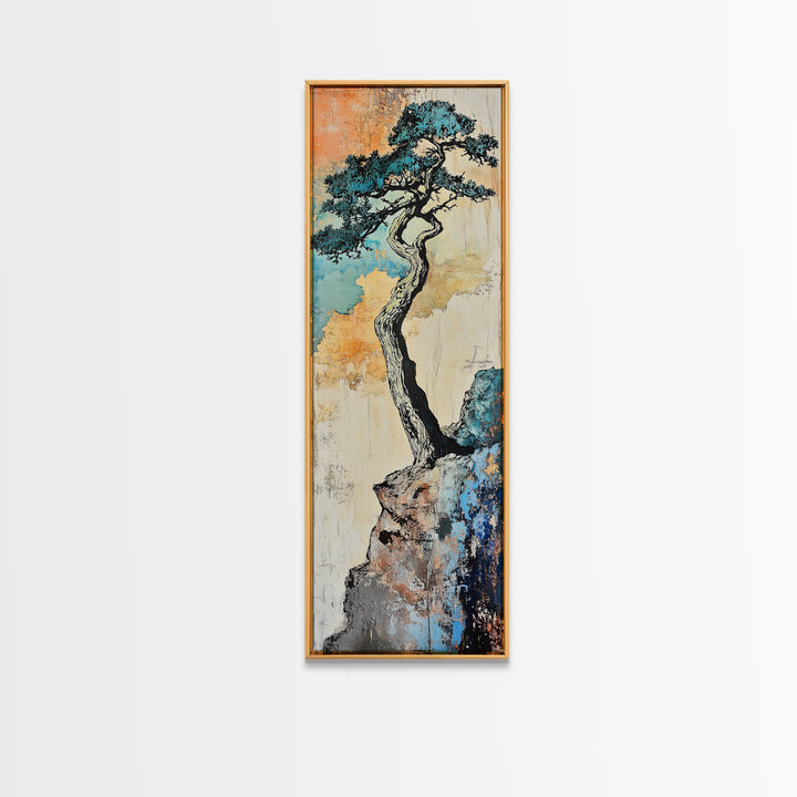 Twisted Pine Tree On Rocky Cliff Wall Art, Japanese Nature Print, Rustic Asian Decor, Long Narrow Minimalist Canvas Wall Decor