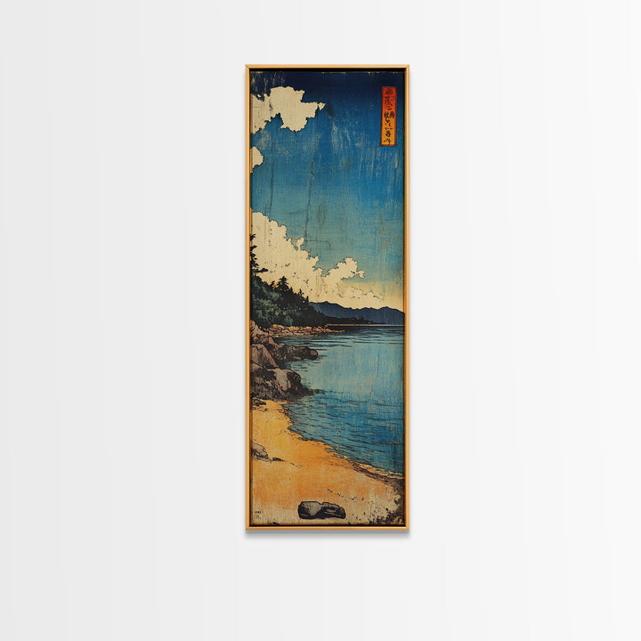 Blue Coastal Shore With White Clouds Canvas Print, Japanese Seascape Wall Art, Beach House Decor, Long Narrow Ocean Print