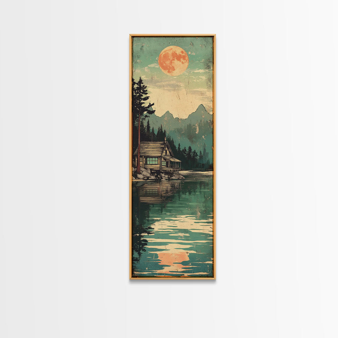 Full Moon Cabin Beside Green Lake Wall Art, Japanese Landscape Print, Cozy Rustic Decor, Long Narrow Mountain Lake Canvas Art