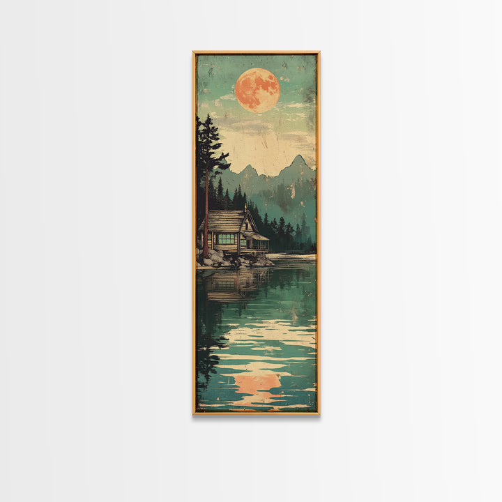 Full Moon Cabin Beside Green Lake Wall Art, Japanese Landscape Print, Cozy Rustic Decor, Long Narrow Mountain Lake Canvas Art