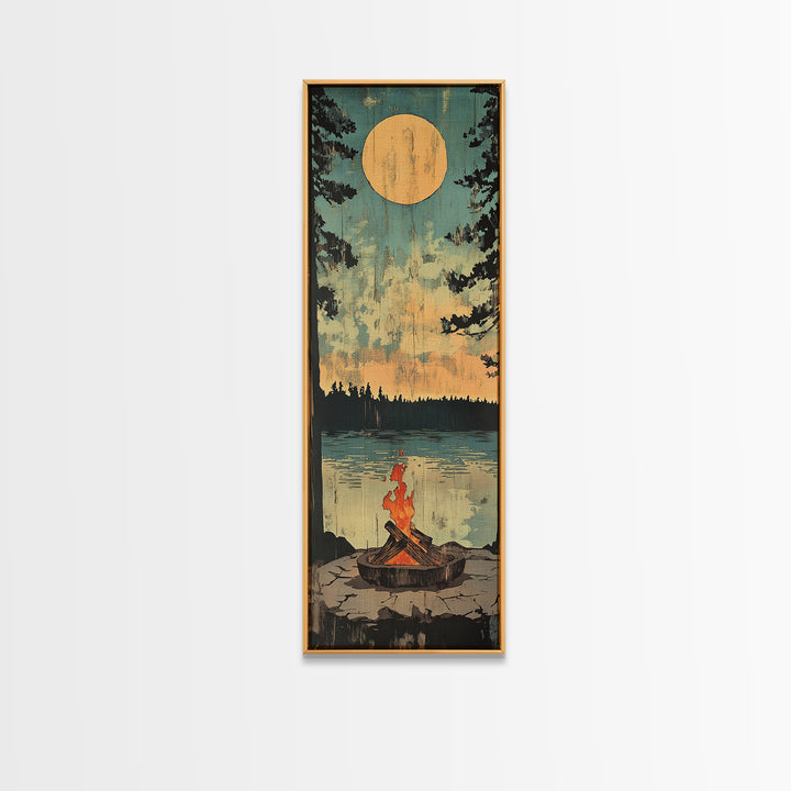 Moonlit Campfire By Quiet Lake Wall Art, Rustic Cabin Decor, Nature Landscape Print, Cozy Lodge Gift, Vertical Canvas Print, Home Decor