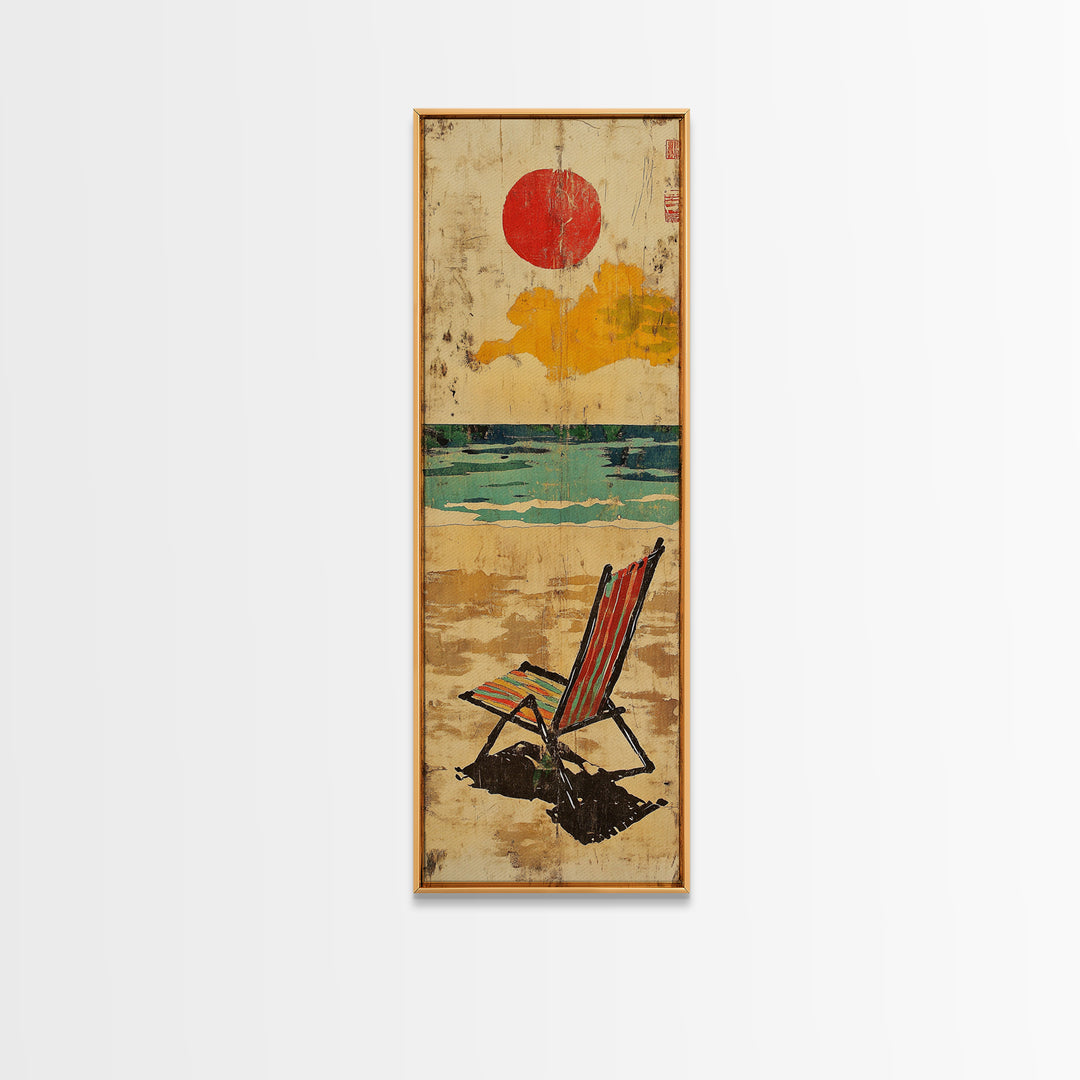 Striped Beach Chair Under Red Sun Canvas Print, Coastal Wall Art, Beach House Decor, Summer Ocean Print, Gift For Her, Home Decor