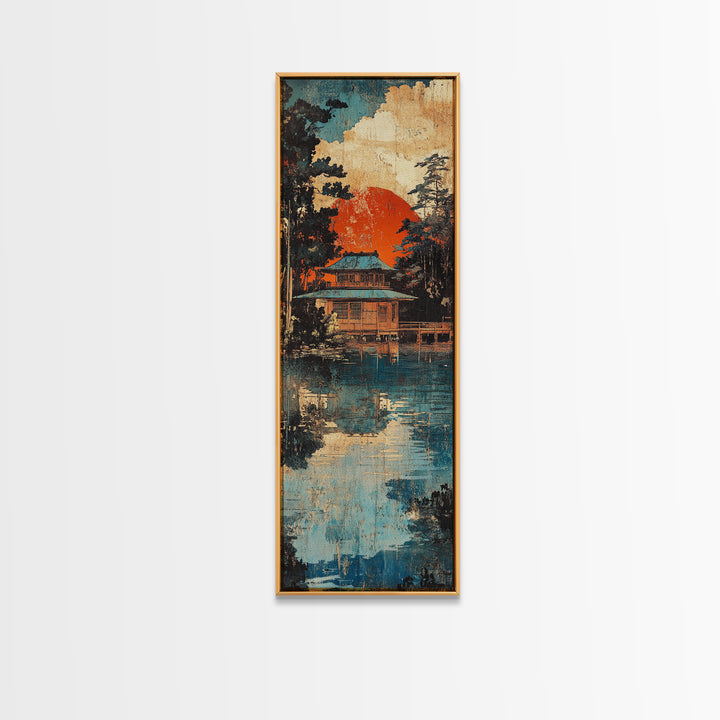 Japanese Lakeside Temple At Sunset Framed Canvas Print, Japandi Wall Art, Asian Landscape, Zen Home Decor, Housewarming Gift