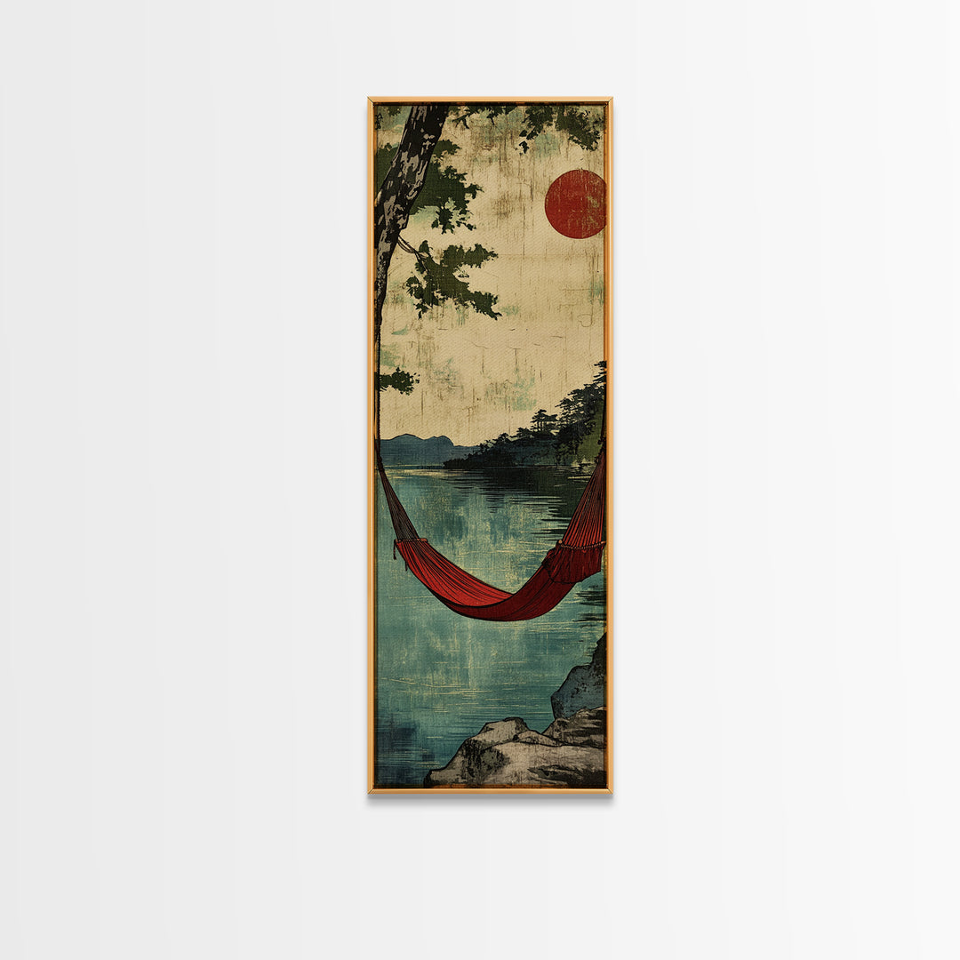 Red Hammock Over Serene Lake Wall Art, Japandi Landscape Print, Rustic Cabin Decor, Nature Wall Decor, Calming Home Decor Gift