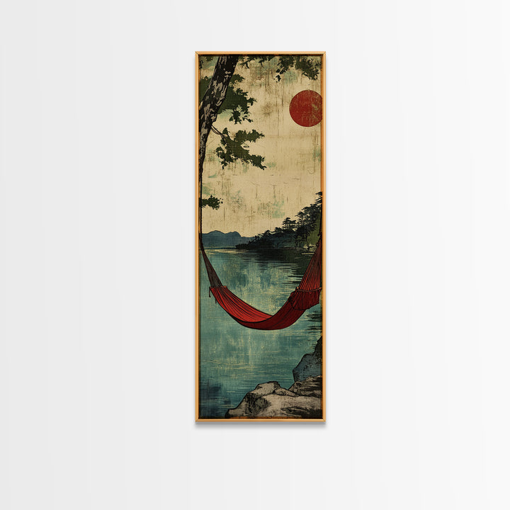 Red Hammock Over Serene Lake Wall Art, Japandi Landscape Print, Rustic Cabin Decor, Nature Wall Decor, Calming Home Decor Gift