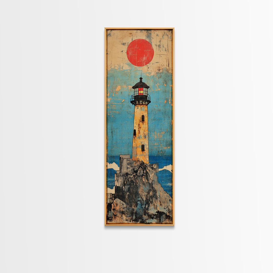 Rocky Island Lighthouse With Red Sun Canvas Print, Coastal Wall Art, Nautical Decor, Ocean Landscape, Large Wall Decor Gift