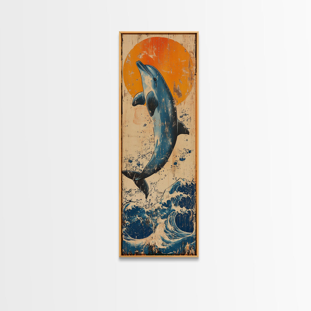 Jumping Dolphin Ocean Wall Art, Japanese Wave Canvas Print, Coastal Beach Decor, Orange Sun Nautical Art Print, Gift For Her