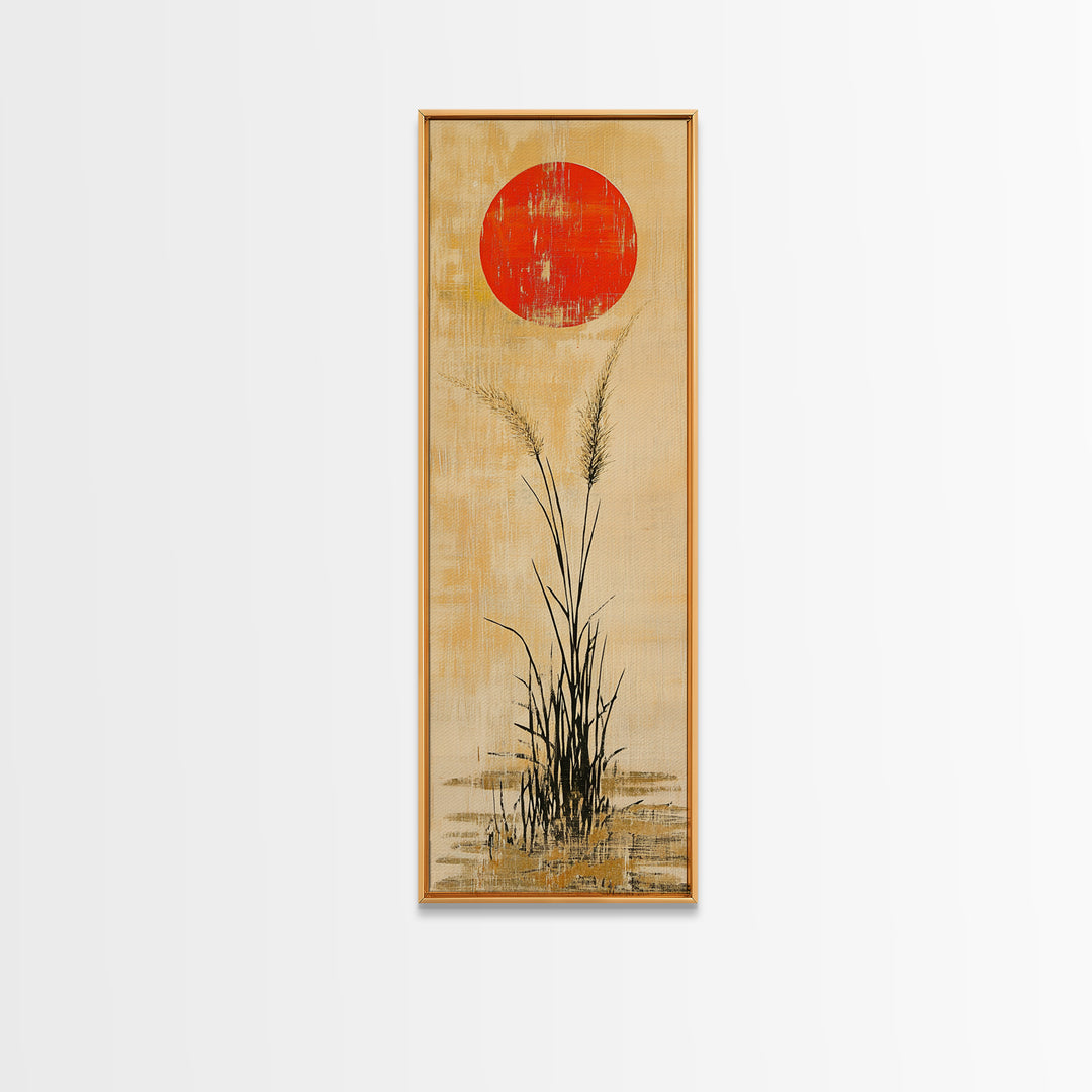 Red Sun Grass Minimalist Wall Art, Japanese Landscape Canvas Print, Wabi Sabi Decor, Neutral Wall Decor, Zen Home Decor Print
