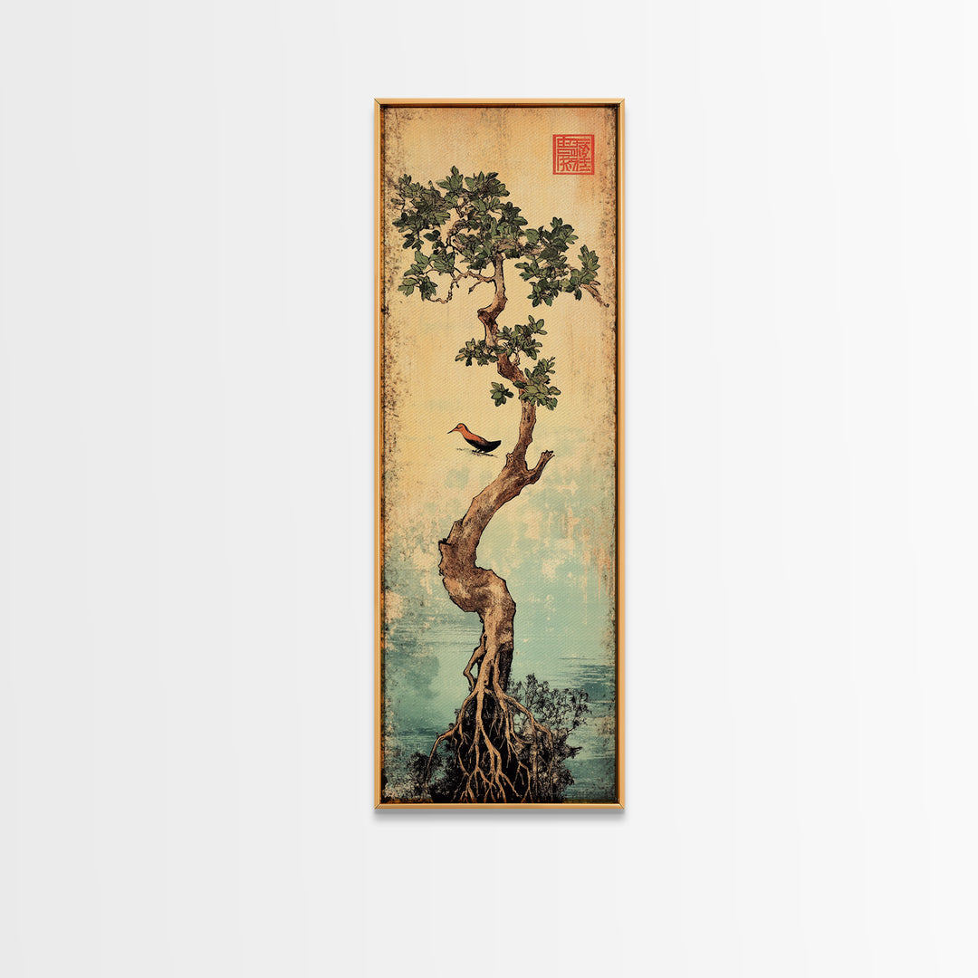 Bonsai Tree With Exposed Roots Wall Art, Japanese Botanical Canvas Print, Zen Nature Decor, Bird Wall Art, Wabi Sabi Decor