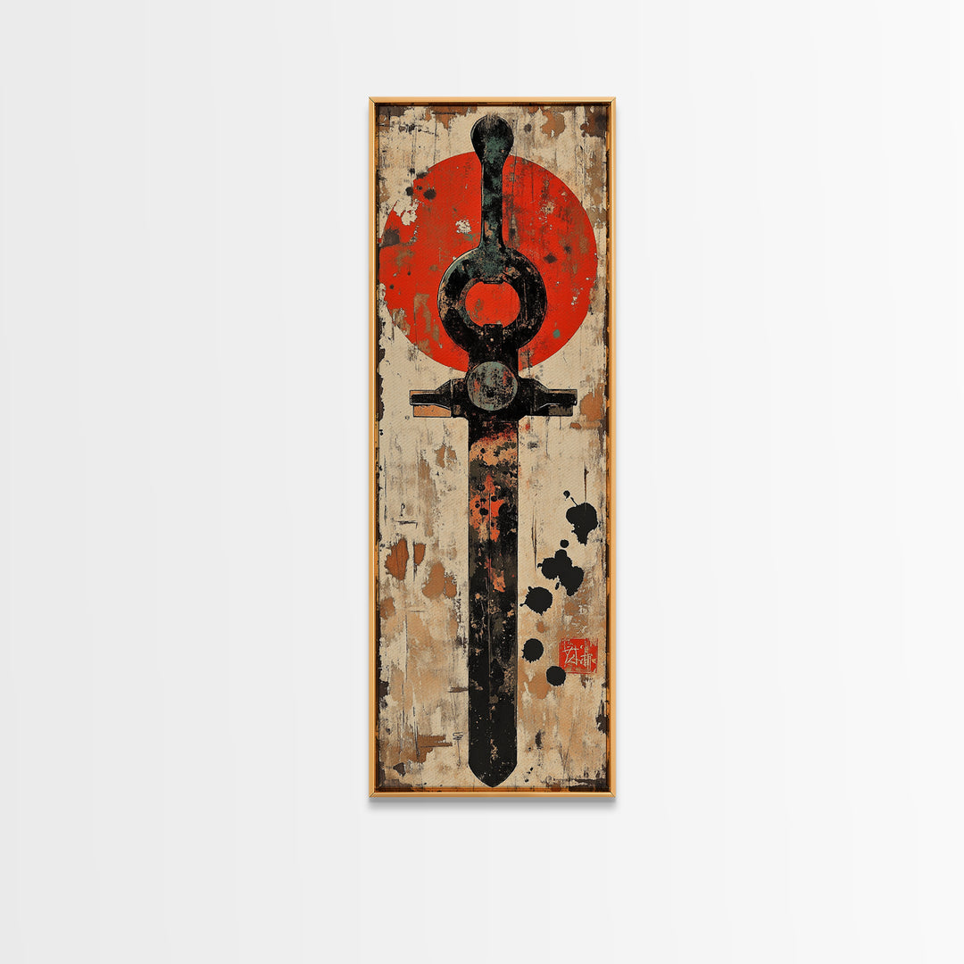 Rustic Samurai Sword With Red Sun Canvas Print, Japanese Wall Art, Martial Arts Decor, Masculine Office Wall Decor, Gift For Him