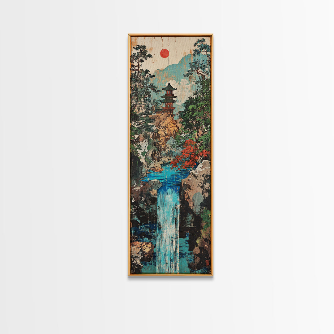 Pagoda Waterfall In Misty Mountain Forest Framed Canvas Print, Japanese Wall Art, Zen Decor, Japandi Landscape, Living Room Art