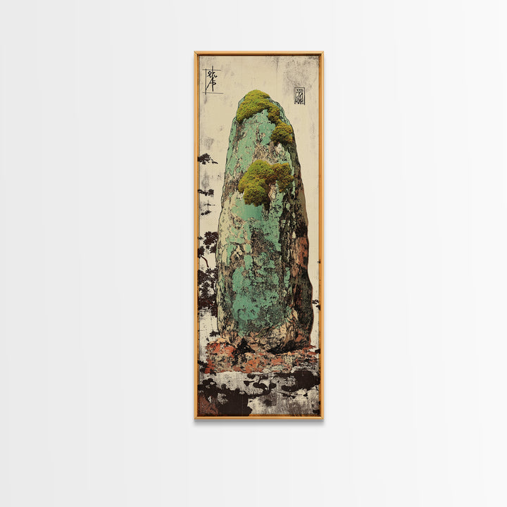 Mossy Zen Stone Monolith Wall Art, Japanese Wabi Sabi Landscape Print, Tall Narrow Canvas For Meditation Room Decor Gift