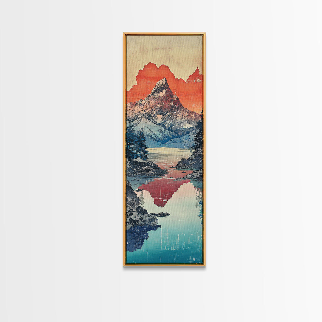 Snowy Mountain Lake Reflection Wall Art, Japanese Woodblock Landscape Print, Blue Teal Canvas For Cabin Living Room Decor