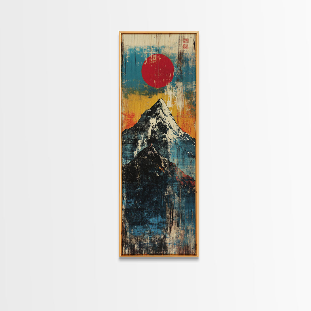 Red Sun Snowy Fuji Mountain Wall Art, Japanese Woodblock Landscape Print, Blue Abstract Canvas For Modern Japandi Decor Gift