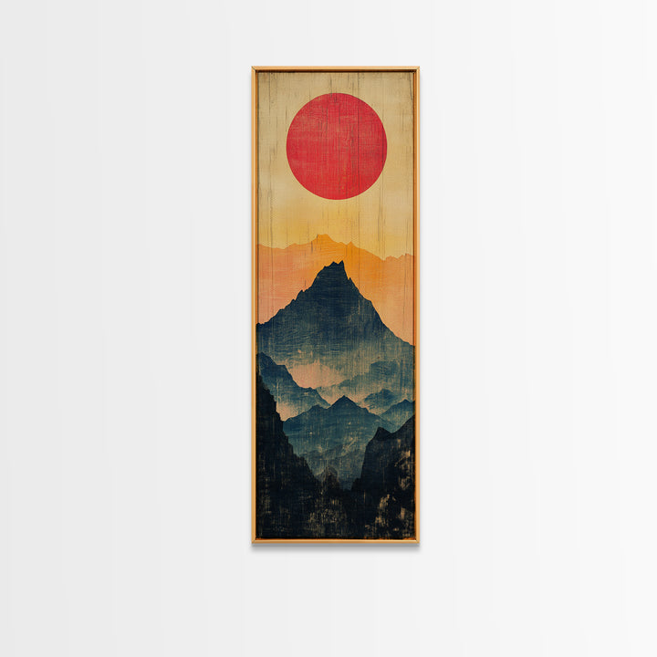 Red Sun Layered Mountain Silhouette Wall Art, Minimalist Japanese Landscape Print, Tall Narrow Canvas For Zen Home Decor