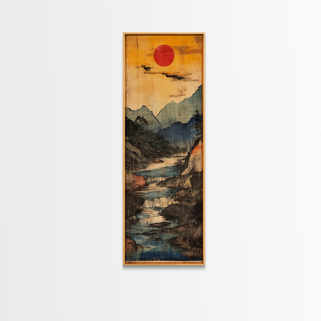 Red Sun Mountain River Wall Art, Japanese Waterfall Landscape Print For Japandi Home Decor And Serene Office Decor Poster