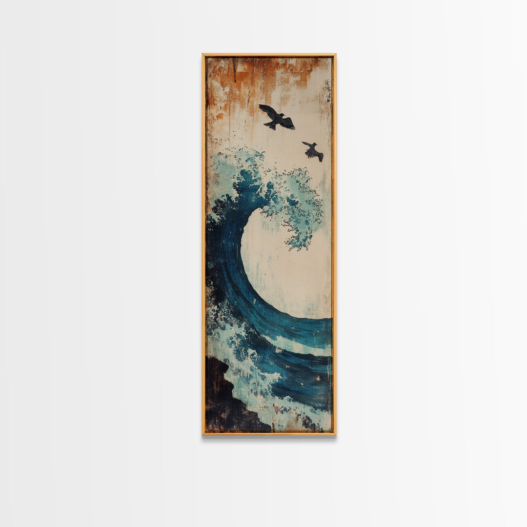 Teal Ocean Wave With Flying Birds Wall Art, Japanese Coastal Print For Bathroom Decor, Beach House Decor, And Gallery Wall
