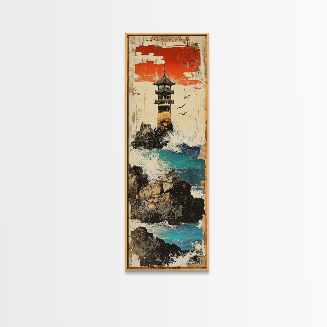 Cliffside Lighthouse Turquoise Sea Wall Art, Japanese Coastal Landscape Print For Beach House Decor And Nautical Office Decor